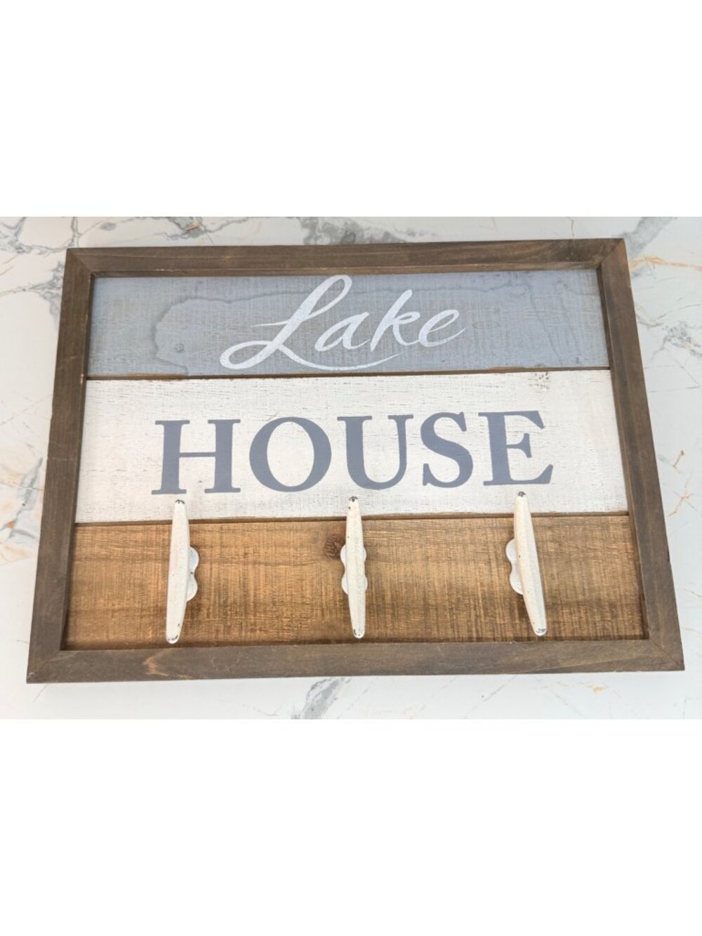 Rustic slatted Wood "Lake House" Framed Sign with Marine Cleat Hooks